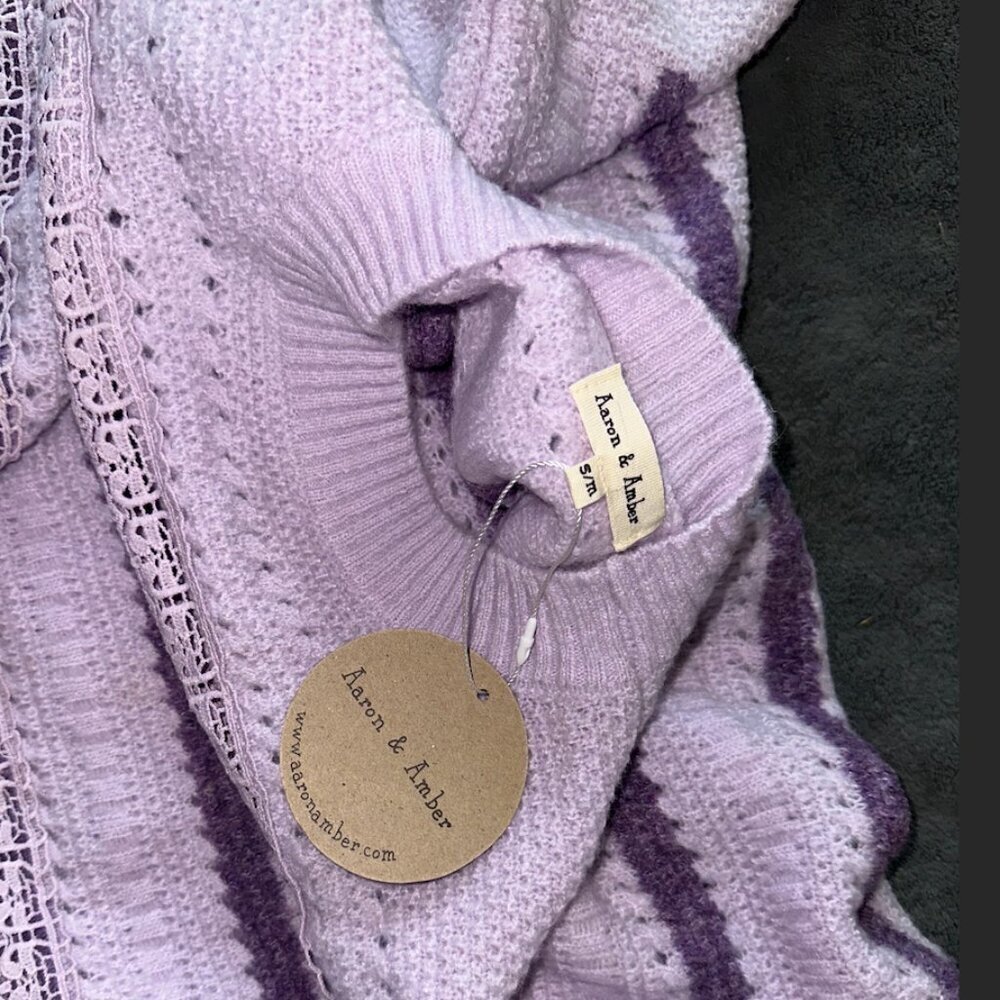 Purple Fringe Chunky Knit Lace Sweater Striped Ribbed Oversized - Picture 12 of 14